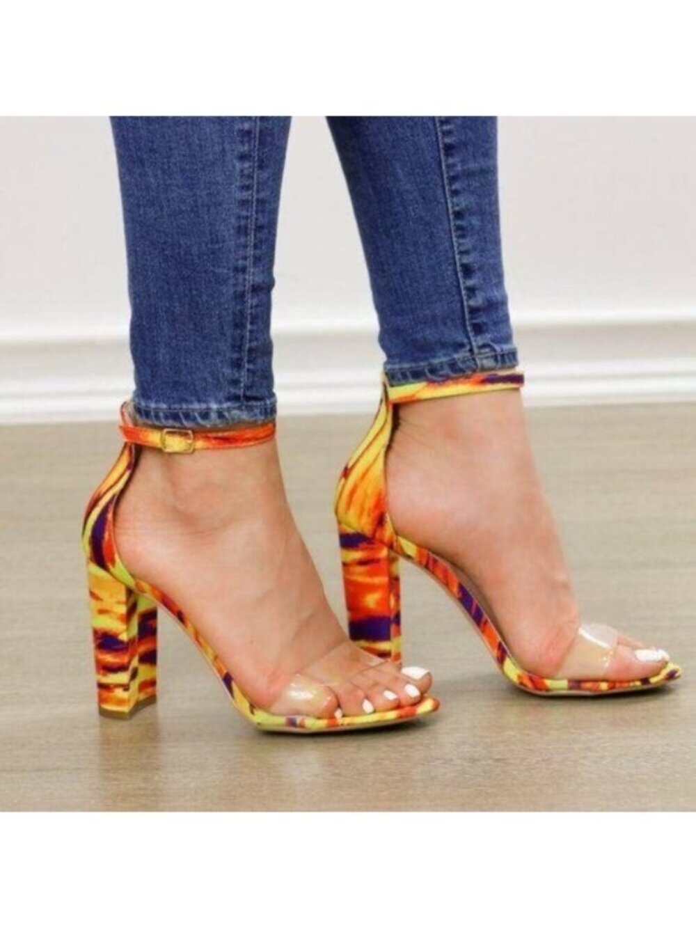Ankle Strap Chunky Heeled Sandals, Clear Toe Band - Picture 5 of 9